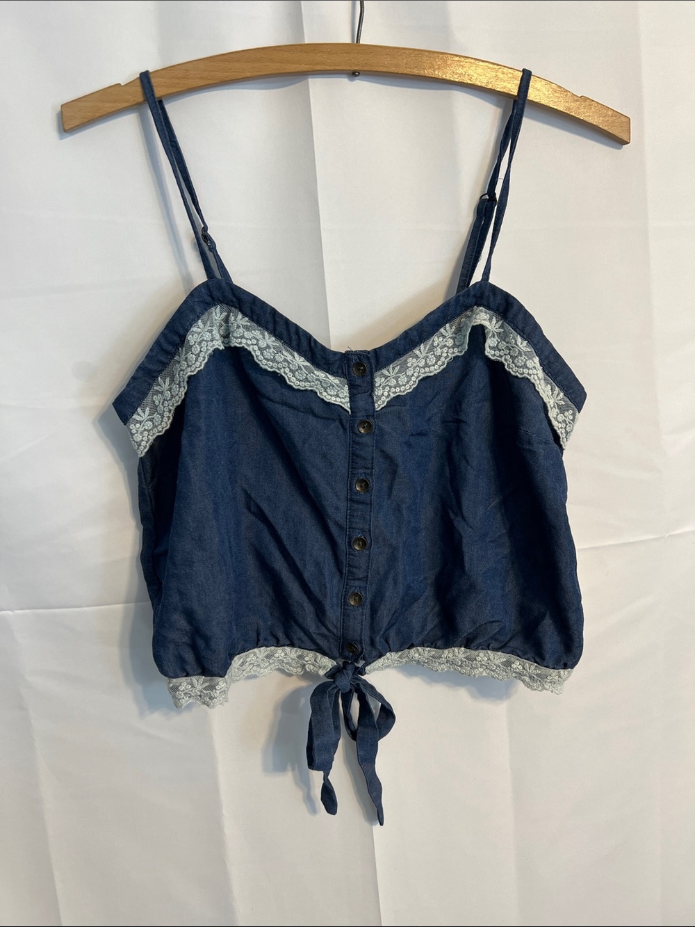 Navy Blue Lace-Trim Tie-Front crop Cami